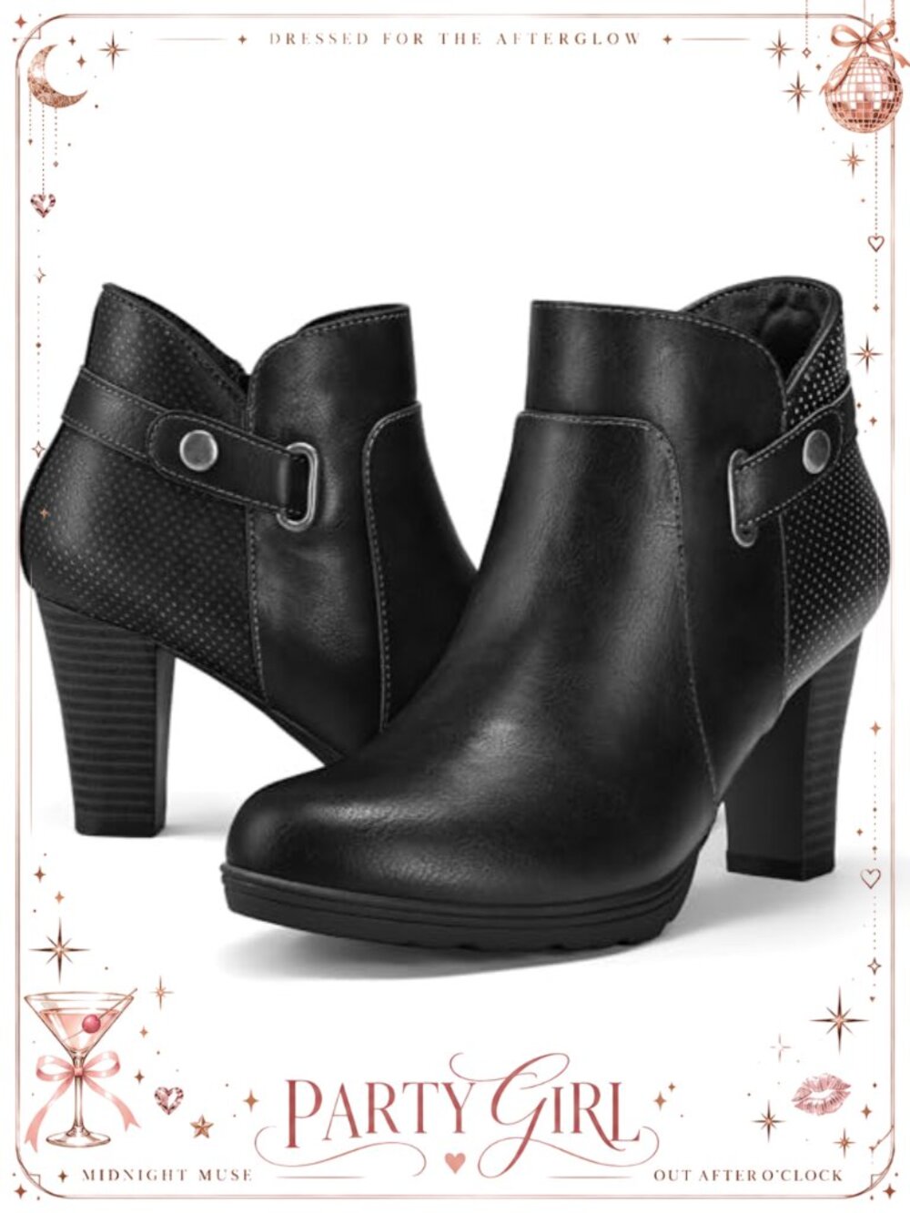 Women's Chunky Stacked Heel Ankle Boots Side Zipper Buckle Strap PU